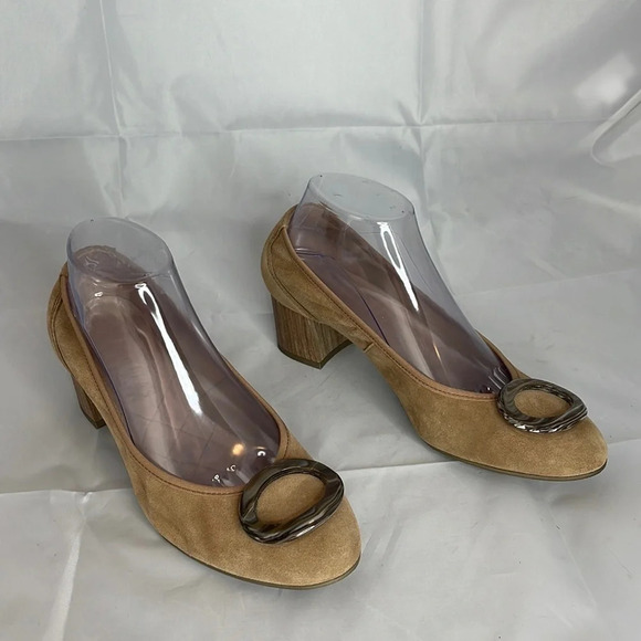 HISPANITAS Suede Wood Block Heel Pump Tan Tortoiseshell Decorative Buckle 39.5 - Picture 12 of 12